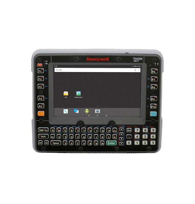 Computador veicular Honeywell Thor VM1A com tela de 8 polegadas e teclado QWERTY físico, visto de frente sobre o dock de montagem