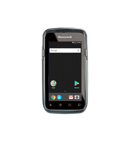 Coletor de dados Honeywell CT60 em formato smartphone, com tela de 4,7 polegadas, janela do leitor 1D/2D no topo e alça de mão na traseira