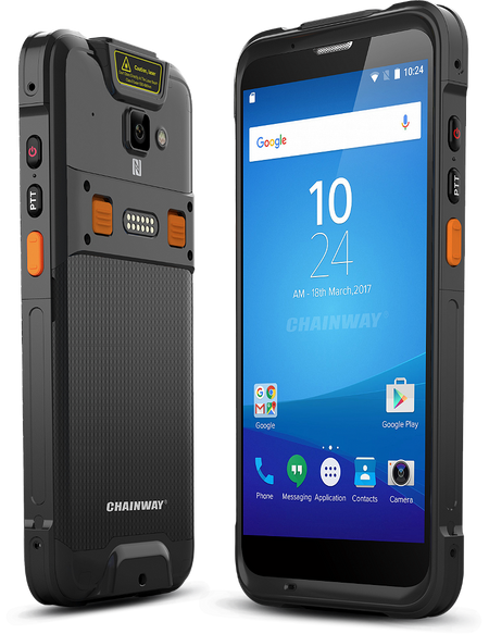 Coletor de dados Chainway C66 em formato smartphone, com tela touch de 5,5 polegadas sem teclado físico e janela do leitor 1D/2D no topo do aparelho