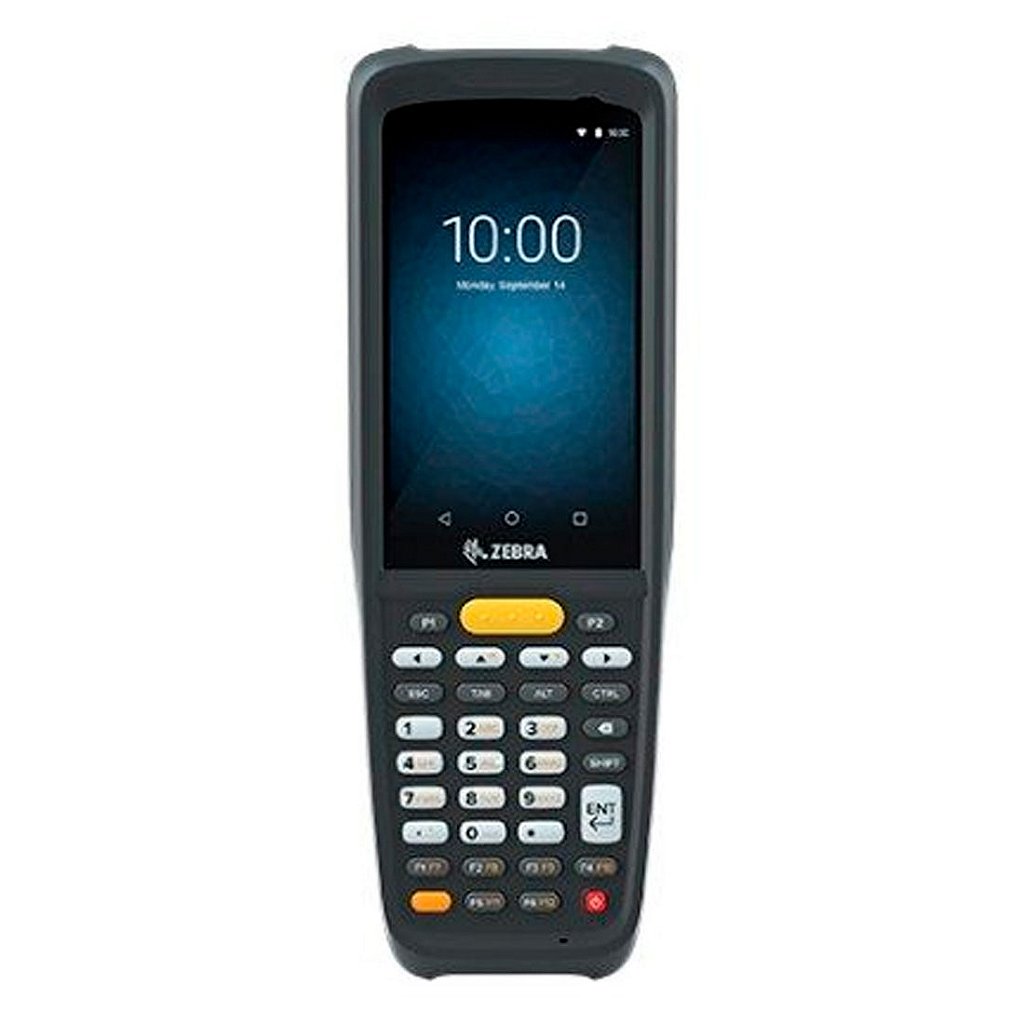 Coletor de dados Zebra MC22 em formato tijolo, com teclado físico numérico, tela de 4 polegadas e janela do leitor SE4100 no topo