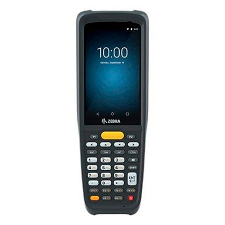 Coletor de dados Zebra MC22 em formato tijolo, com teclado físico numérico, tela de 4 polegadas e janela do leitor SE4100 no topo
