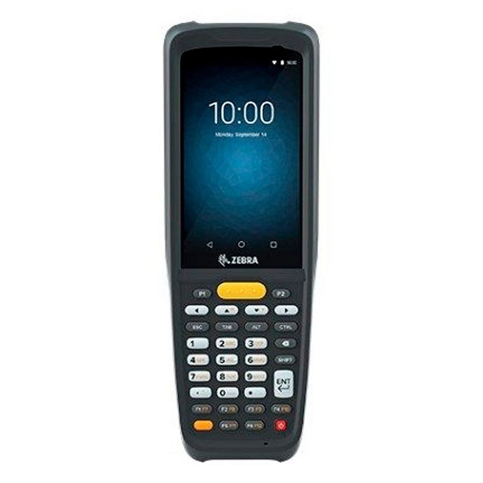 Coletor de dados Zebra MC22 em formato tijolo, com teclado físico numérico, tela de 4 polegadas e janela do leitor SE4100 no topo