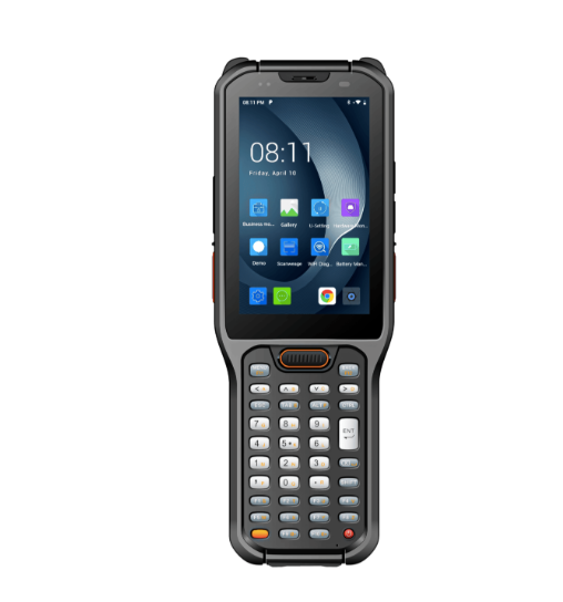 Coletor de dados Urovo RT40 em formato pistola, com teclado físico numérico, tela de 4 polegadas e empunhadura com gatilho